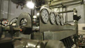 Close up of manometers, pipes and faucet valves of heating system in a boiler room. Stock footage